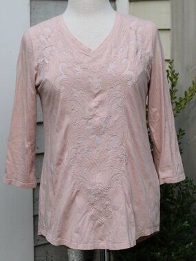 Chico's Blush Pink Embroidered Applique V-Neck Cotton Blend Tunic Sz 0 -US Small